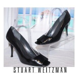 $398 Stuart Weitzman Black Patent Leather Open Toe Stiletto Heels Pumps Shoes